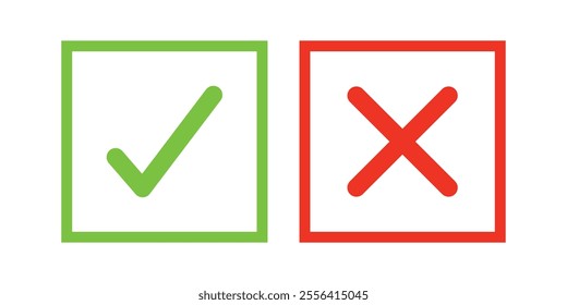 Set of check mark and cross icon buttons. Checkbox icon with true and false buttons or yes or no check mark icon. Isolated check mark symbol, right and wrong sign concept.