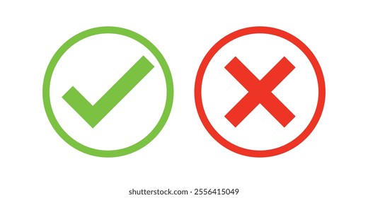 Set of check mark and cross icon buttons. Checkbox icon with true and false buttons or yes or no check mark icon. Isolated check mark symbol, right and wrong sign concept.