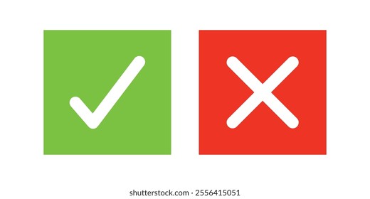 Set of check mark and cross icon buttons. Checkbox icon with true and false buttons or yes or no check mark icon. Isolated check mark symbol, right and wrong sign concept.