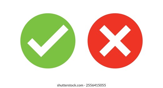 Set of check mark and cross icon buttons. Checkbox icon with true and false buttons or yes or no check mark icon. Isolated check mark symbol, right and wrong sign concept.