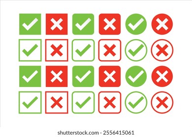 Set of check mark and cross icon buttons. Checkbox icon with true and false buttons or yes or no check mark icon. Isolated check mark symbol, right and wrong sign concept.