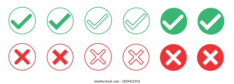 Set of Check mark and cross icons. Acceptance, approval, rejection symbols. Vector flat yes and no signs