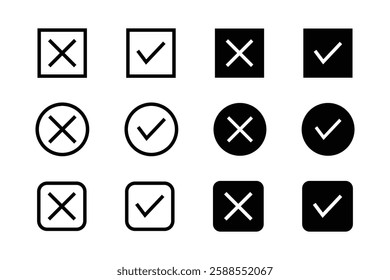 Set of Check mark and Cross Icons in Square and Circle Shapes.