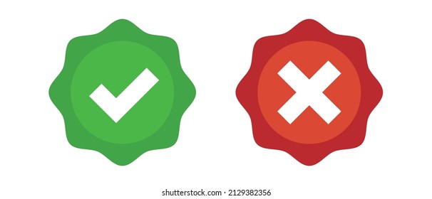 A set of check mark and cross mark label icons. Approval and rejection. Editable vectors.