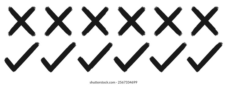 Set check mark and cross. Red cross and green check mark. Vector illustration isolated on white background.	