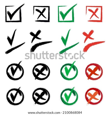   Set of check mark and cross in round, square symbol. Vote yes, no. Hand drawn grunge watercolor painting in black, green, red on white background. Vector illustration for design of questionnaire.