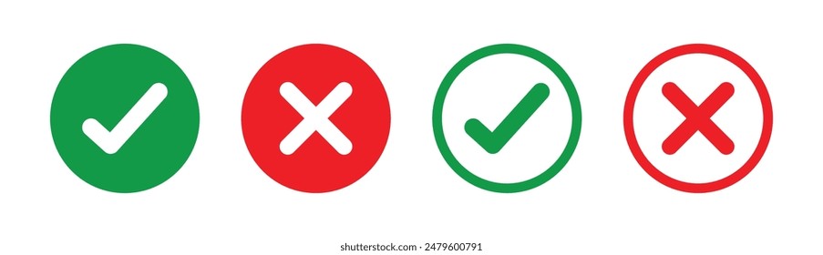 Set of check mark and cross mark. Vector illustration. Checkmark and x mark icon for apps and websites. True and false button vector illustration.