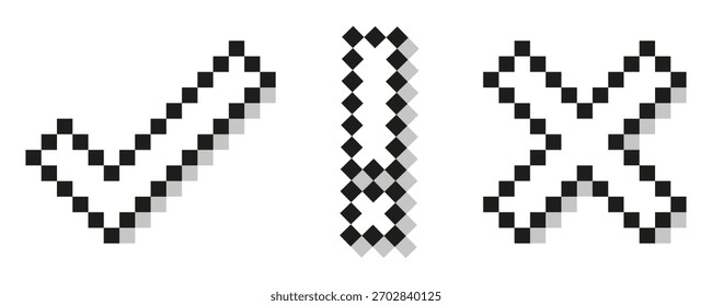 Set of check mark, exclamation mark and cross in pixel art. Checklist sign or approval icon.