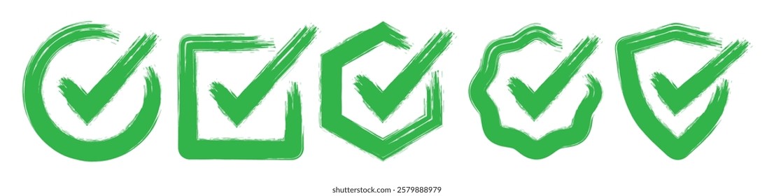  Set of Check Mark In Grunge Style. chalk check mark set. Brush hand drawn circle Green Check Mark . You can use it in your work. Vector illustration chalk check mark set