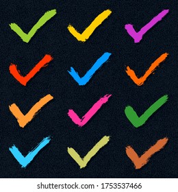 Set of check mark hand drawn signs. Collection of checkmark symbols. Kit of accept icons. Verify, tick, agree, agreement, approval, approve shape. Brush stroke left paint imprint. Vector illustration