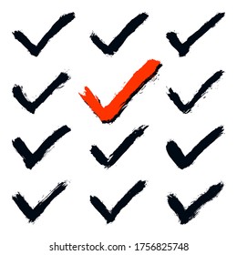 Set of check mark hand drawn signs. Collection of checkmark symbols. Kit of accept icons. Verify, tick, agree, agreement, approval, approve shape. Brush stroke left paint imprint. Vector illustration