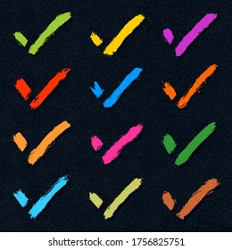 Set of check mark hand drawn signs. Collection of checkmark symbols. Kit of accept icons. Verify, tick, agree, agreement, approval, approve shape. Brush stroke left paint imprint. Vector illustration