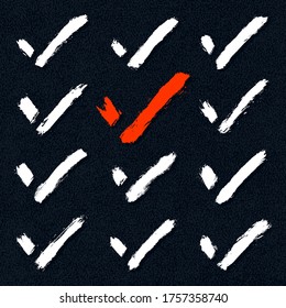 Satz von markierten, handgezeichneten Zeichen. Sammlung von Markierungssymbolen. Set von akzeptierten Symbolen. Überprüfen, ankreuzen, zustimmen, zustimmen, genehmigen, die Form genehmigen. Pinselstrich mit linker Farbe bedruckt. Vektorgrafik