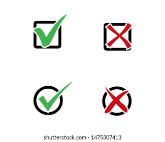 Set Check Mark Icon. green check marks and red crossed. Circle and square, hard and rounded corners.