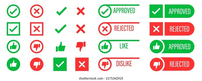 Set of check mark icons. Approved and rejected emblems.