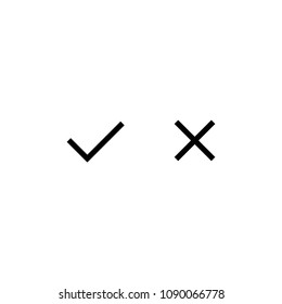 Set of check mark icons. black thin squared tick and cross. Flat cartoon style. Vector illustration isolated on white.  Flat yes and no buttons. 