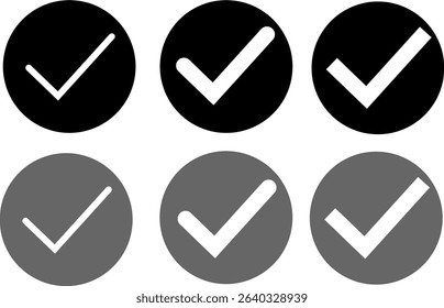 Set of check mark icons in black and gray circles. Minimal vector design for UI, apps, web interfaces, or presentations.
