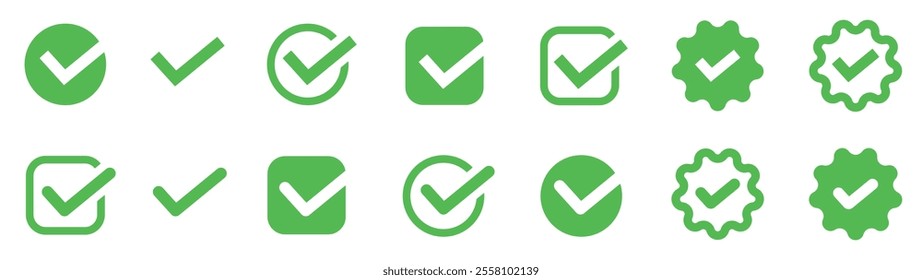 Set of check mark icons. Checked icon or correct choice sign. Circle and square. Vector. EPS 10.