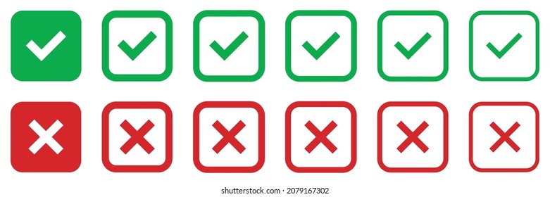 Conjunto de iconos de marca de verificación y cruz, signos cuadrados con marca y cruz. Icono marcado o signo de elección correcto. Señal de cancelación o elección errónea.
