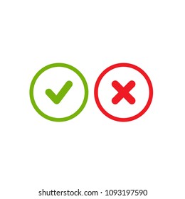 Set of check mark icons. green rounded tick in circle and red cross in circle. Flat cartoon style. Vector illustration.  Flat yes and no buttons. 