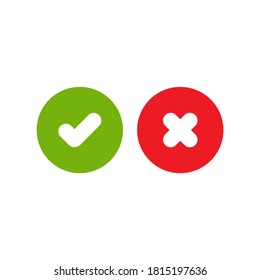 Set of check mark icons. green rounded tick in circle and red cross in circle. Flat cartoon style. Vector illustration.  Flat yes and no buttons. 