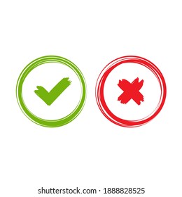 Set of check mark icons. green hand drawn tick and red cross. Flat cartoon style. Vector illustration. Flat yes and no buttons. Validation, confirmation, answer buttons. 