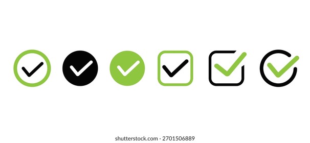 Set of check mark icons in green and black colors. Flat design tick symbols in circles and squares for approval, success, or completion concepts.