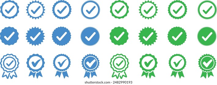 Set of check mark icons. Profile verification icon. Isolated on white background. Rosette Stamp Icon Vector Design Template. Award Quality Certificate badge icon set. guarantee mark symbol