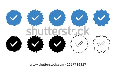 Set of check mark icons. Profile verification icon. Checkmark Facebook, Instagram, Tik tok and Twitter. Vector. Isolated on white background