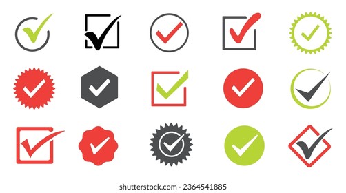 Set von Markieren Symbole rot grün schwarz. Zeichen für Zecken und Kreuz