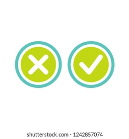 Set of check mark icons. rounded blue tick and cross in green circle. Flat cartoon style buttons. Vector validation illustration. 