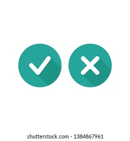 Set of check mark icons. Rounded white tick and cross with shadow in blue circle. Flat cartoon style buttons. Vector validation illustration. 