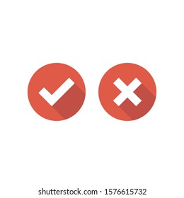 Set of check mark icons. Rounded white tick and cross with shadow in red circles. Flat cartoon style buttons. Vector validation illustration. 