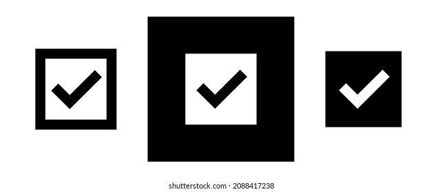 Set of check mark icons in a square. Tick marks: Accepted, Approved, Yes, Correct, Ok, Right Choices, Task Completion, Voting. Test question symbol. Isolated vector illustration on white background.