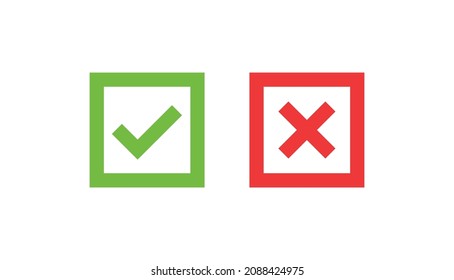 Set of check mark icons in a square. Checkmark and cross in green and red. Tick marks: Accepted, Approved, Yes, Correct, Ok, Right Choices, Task Completion, Voting. Test question symbol. 