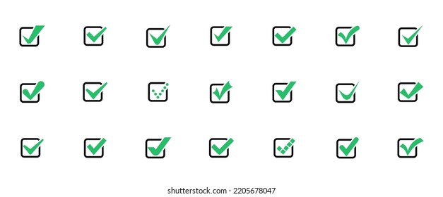 Set of check mark icons in square. Check marks or ticks. Green confirm symbol. Check list icon. Vector illustration