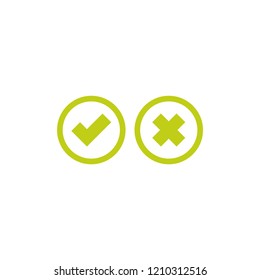 Set of check mark icons. squared green tick and cross in circles. Flat cartoon style. Vector validation illustration. 