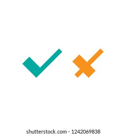 Set of check mark icons. squared blue tick and cross. Flat cartoon style. Vector validation illustration. 