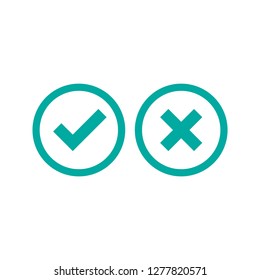 Set of check mark icons. squared blue tick and cross in circle. Flat cartoon style buttons. Vector validation illustration. 