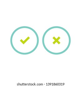 Set of check mark icons. squared green tick and cross in blue circle. Flat cartoon style buttons. Vector validation illustration. 
