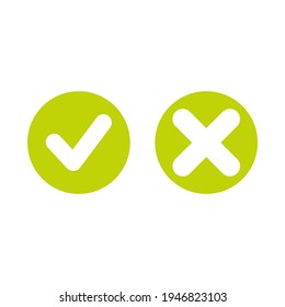 Set of check mark icons. squared green tick and cross in circles. Flat cartoon style. Vector validation illustration.   Flat yes and no buttons. 