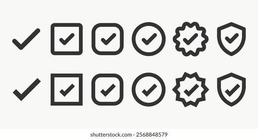 Set of check mark icons in various shapes: check mark in circle, square, shield, and starburst. Simple check mark designs for approval, confirmation, and validation. Vector element set.