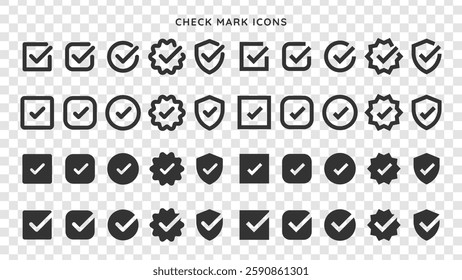 Set of check mark icons in various styles. Check marks in circles, squares, and shields. Black check marks on transparent background. Check mark icons for design. Vector element set.