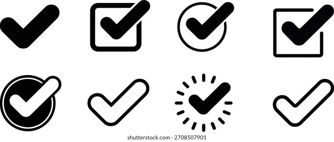 Conjunto de iconos de marca de verificación en varios estilos que representan la Aprobación y la finalización