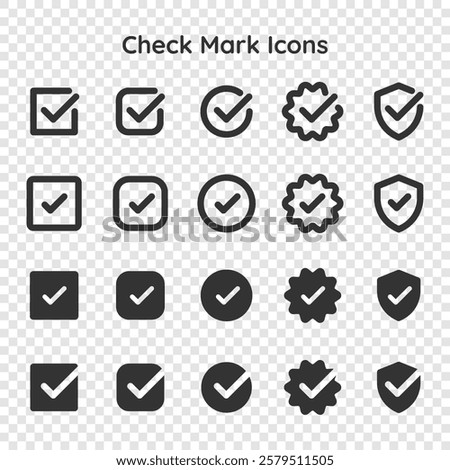 Set of check mark icons in various styles. Includes check marks in circles, squares, and shields. Perfect for check mark, check mark icons, and approval designs. Vector element set.