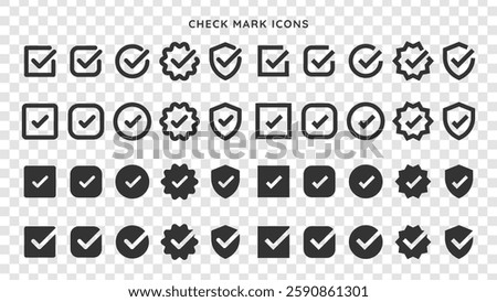 Set of check mark icons in various styles. Check marks in circles, squares, and shields. Black check marks on transparent background. Check mark icons for design. Vector element set.