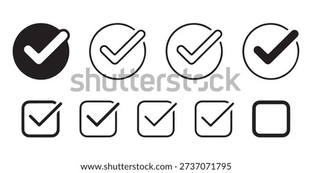 Set of check mark icons with various line weights and fill styles in circular and square shapes, simple vector art
