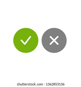 Set of check mark icons. White tick and cross in green and grey circles. Flat cartoon style. Vector illustration.  Flat yes and no buttons. 