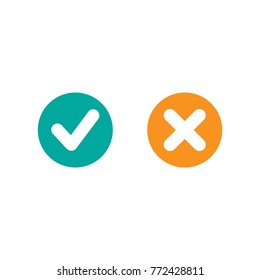 Set of check mark icons. white  rounded tick in blue circle and cross in orange circle. Flat cartoon style. Vector illustration.  Flat yes and no buttons. 