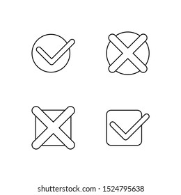 Set of check mark line icon design vector. Approve line icon design. Cross line icon. Editable black stroke.